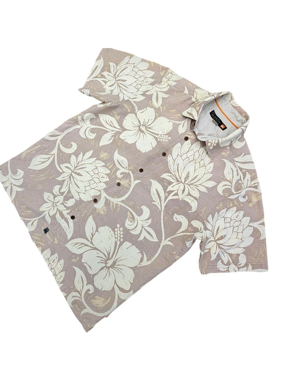 Quiksilver Waterman Collection Hawaiian Shirt Mens L Beige Floral Aloha